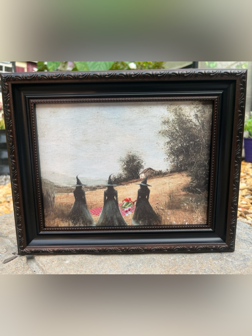 Three Witches Landscape Painting in Black and Brown Frame